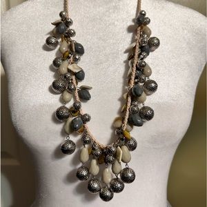 EUC Artisan Boho Statement Necklace Hammered Silver Tone Beads Braided Cord
